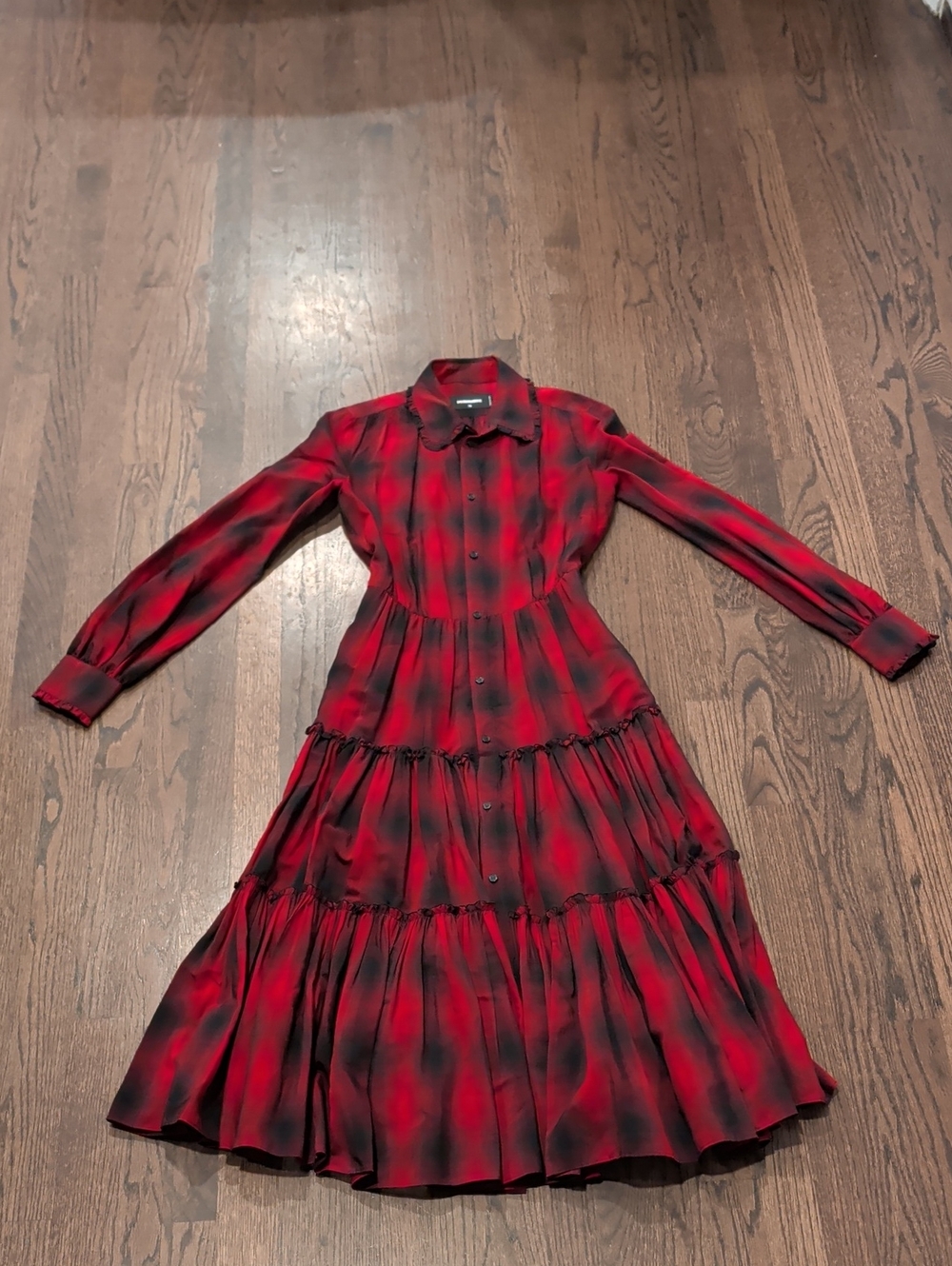 DSQUARED2 Red and Black Plaid Tiered Long-Sleeve Shirt Dress